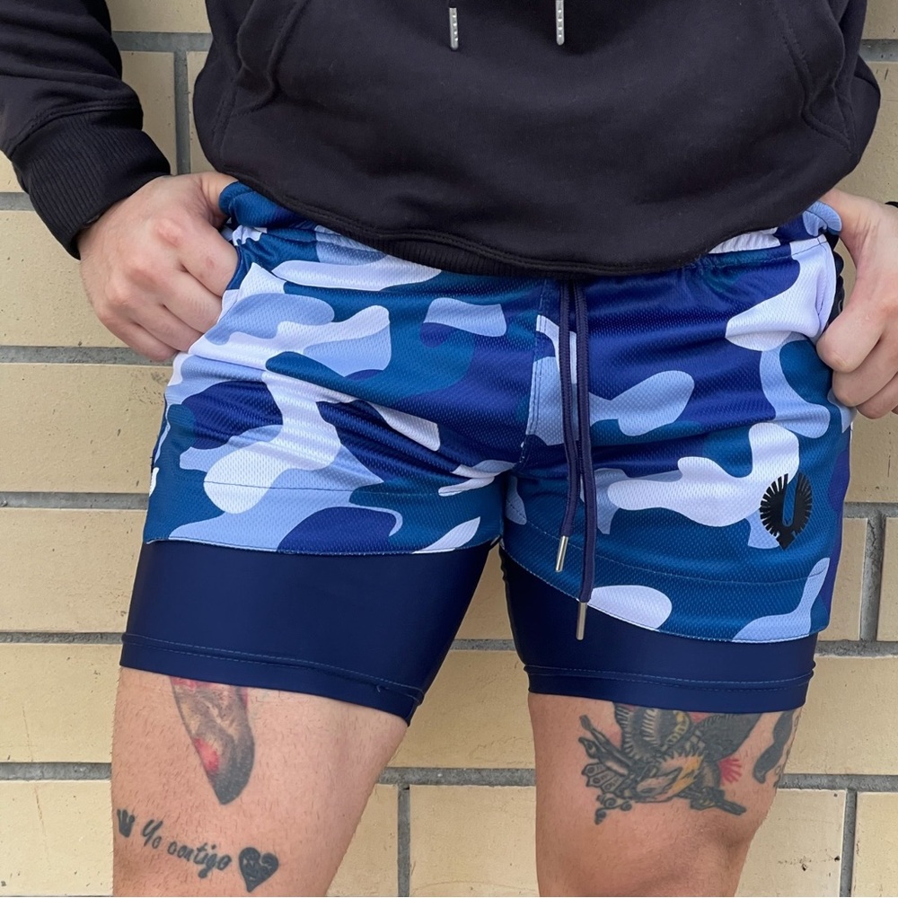 Camo Blue Liner Short with Phone Holder